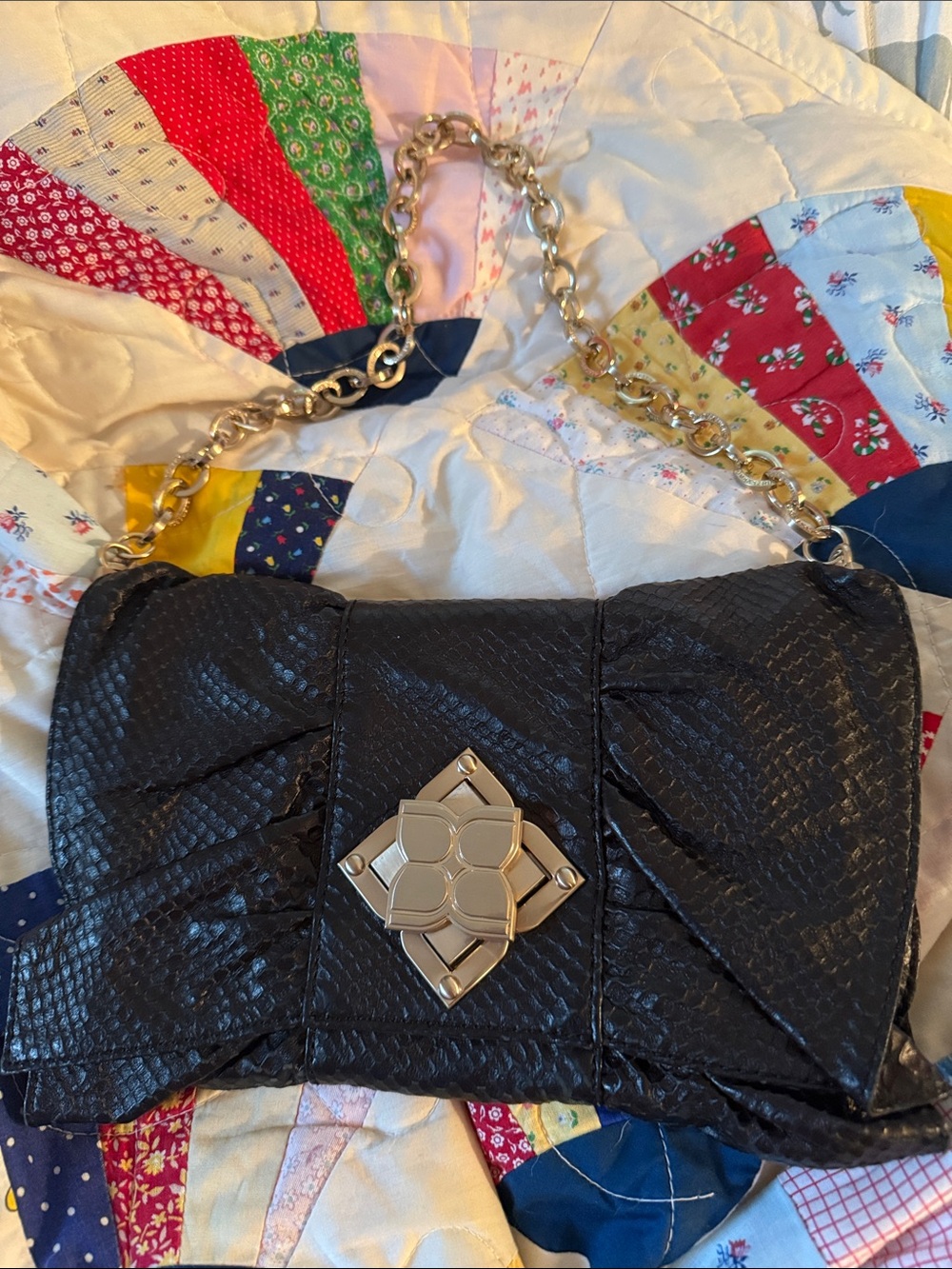 NWT BCBG Maxazaria Faux Leather Textured Black Bag W/ floral twist clasp